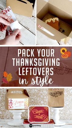 thanksgiving leftovers in a box with the words, pack your thanksgiving leftovers in style