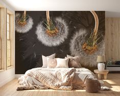 a bedroom with dandelions on the wall