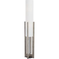 a lamp that is on top of a metal stand with a white glass cylinder in the middle