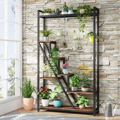 a shelf with plants on it in front of a brick wall and potted plants