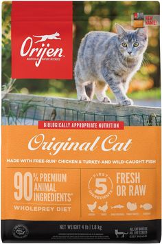 an open bag of orijen original cat food with chicken, turkey and wild caught fish