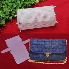 three different purses are shown on a red carpet and one is made out of plastic