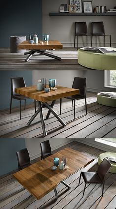 the table and chairs are arranged in different positions on the wood floored room's floor