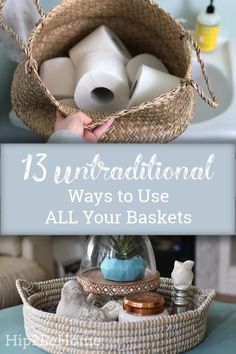 13 Different Ways to Use a Basket (Some May Even Surprise You) Kitchen Basket Storage Ideas, Woven Basket Storage Ideas, How To Use Wicker Baskets, How To Use Trays To Decorate, How To Style Wicker Baskets, Wicker Basket Living Room, What To Do With Baskets Ideas, What To Put In A Basket Decor, Jute Basket Decor Ideas