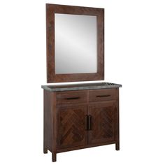 a wooden dresser with a mirror on top of it and a drawer underneath the cabinet