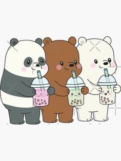 three bears are holding drinks and one bear has a straw in it's mouth