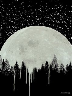 an image of the moon with trees and stars in the sky above it, as well as falling snow