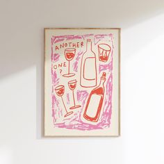 a pink and white painting on the wall with wine bottles, glasses and other items