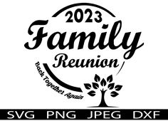 the family reunion logo is shown in black and white, with an image of a tree