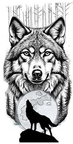 a drawing of a wolf with the moon behind it