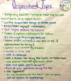 a handwritten list for organizing tips on a piece of paper