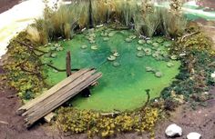 a miniature pond with water lilies and rocks on the ground in front of it