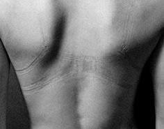 black and white photograph of the back of a person's body with no shirt on