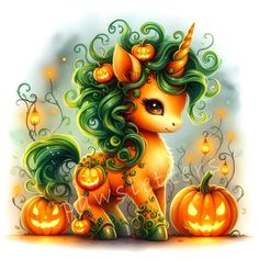 a cute little pony with green hair and pumpkins