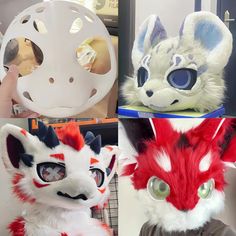 four different types of animal masks with big eyes