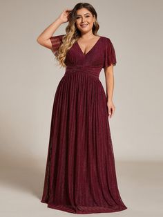 Plus Size V-Neck Glittery Short Sleeves Formal Evening Dress with Empire Waist #color_Burgundy Maroon Bridesmaid Dresses Burgundy, Mother Of The Bride Dresses Plus Size, Formal Plus Size Dresses, Plus Size Bridesmaids, Plus Size Special Occasion Dresses, Dresses For Big Bust, Vibe Board, Maroon Bridesmaid Dresses, Mother Of The Bride Dresses Long