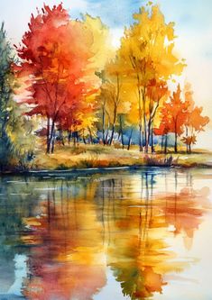 watercolor painting of trees reflecting in the lake