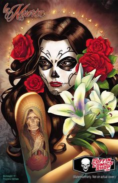 an image of a woman with makeup and flowers on her arm, holding a tattoo