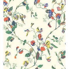 an image of a flower pattern on a wallpaper with leaves and flowers in the background