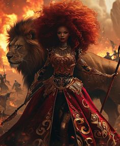 a woman with red hair standing next to a lion in front of a fire filled sky