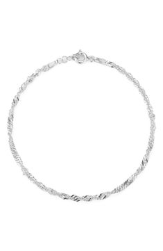 Perfect to layer or wear solo, this shiny Singapore-chain anklet is crafted in Italy from polished sterling silver or warm 18-karat gold plate. Spring-ring closure Sterling silver or 18k-gold plate Made in Italy Sterling Silver Chain Anklet For Gift, Silver Adjustable Chain Anklets In Metal, Silver Adjustable Chain Anklet, Adjustable Sterling Silver Chain Bracelet, Tarnish Resistant, Luxury Sterling Silver Chain Bracelet, Tarnish Resistant, Marc Jacobs Handbag, Silver Anklets, Chain Anklet, Luxury Gifts