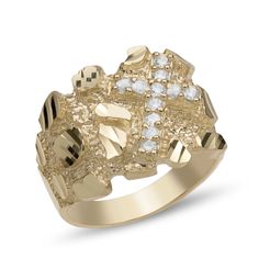 Here's a Nugget Ring. From our Rings Collection, this 10K Yellow Gold Women's CZ Cross Nugget Ring features Cubic Zirconia Stones & Diamond-Cut finish. Product Details:Metal: Real 10K Gold Average Weight: Size 9.5: 6.21 gramsSize: SelectableWidth: 5/8" x 3/4" = 16mm x 21mmClasp/Bail: Can be resized down or up at your local jeweler. Golden Nugget, 21 Grams, Rings Collection, Average Weight, Ring Collections, 10k Gold, Diamond Cut, Quince, Diamond Cuts