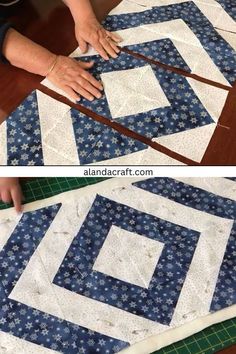 two pictures showing how to make a quilted table runner with the same pattern as shown