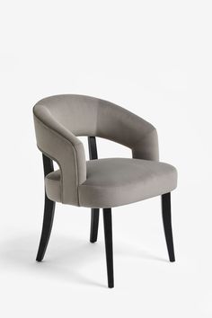 a grey chair with black legs and arms