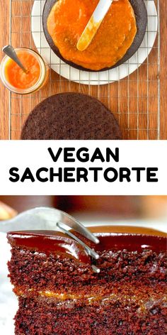 vegan sachertorte cake with chocolate frosting and orange sauce on top