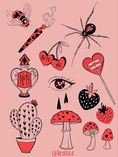 an image of various items in the shape of hearts and eyes on a pink background