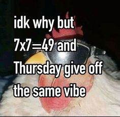 a chicken wearing sunglasses with the caption, i did't know why but 7x7 - 4 and thursday give off the same vibe