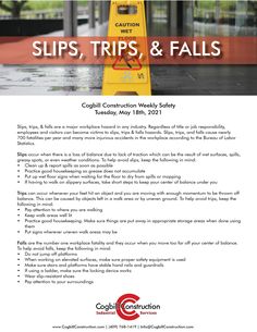 a flyer for an upcoming construction project with the caption slips, trips & falls