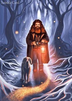 a painting of a man and his dog walking through the woods at night with lights on