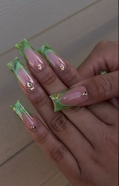 #nailartideas #naildesign #nailsaesthetic #nailsoftheday #nailsaddict #bohochic Green Nails With Gems, Taurus Birthday Nails, Jade Nails Designs, Classy Acrylic, Nails Extra, Green Acrylic Nails, Her Nails