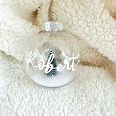 a glass ornament with the word robert written in white lettering on it and a small christmas tree inside