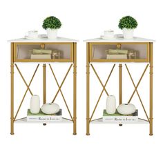 two side tables with plants and books on each shelf, one is gold and the other is white