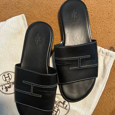 Men’s Black Leather Hermes Slides. Come With Dust Bags. Euro Size 45 - Fits Men’s 11.5 Hermes Slides, Fits Men, Hermes Shoes, Hermes Men, Leather Slides, Mens Fitness, Leather Men, Slides, Men's Shoes