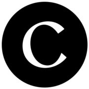 the letter c in a black circle with white letters on it's center and bottom corner