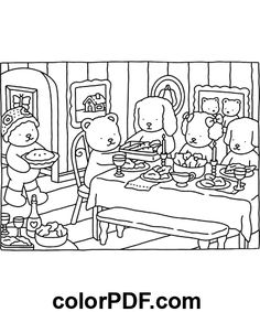 the family is eating dinner at the table coloring page