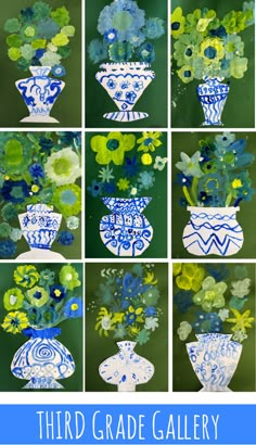 blue and white vases filled with flowers on top of a green background, text reads third grade gallery