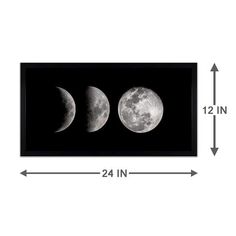 three phases of the moon in black and white, with measurements for each one side