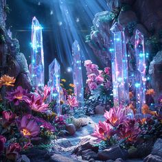 an artistic scene with flowers, rocks and crystal towers in the middle of the night