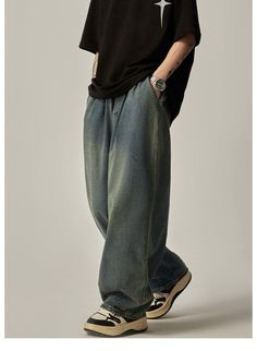 Model is 5ft 9''(174cm) tall, 135 lbs(61kg) weight and wearing a size L - 75% cotton- 25% polyester- Baggy style- DENIM- Drawstirng- Wide straight fit- 2 colors Style Wide Leg Pants, Straight Denim Jeans, Korean Streetwear, Baggy Style, Pants Elastic Waist, Loose Trousers, Fashion Jeans, Blouse Pants, Autumn Style