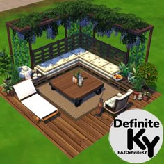 a 3d rendering of a patio with furniture and plants on the deck, in an open area