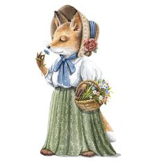 a painting of a fox wearing a dress and holding a basket with flowers in it