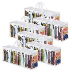 six clear storage bags filled with books