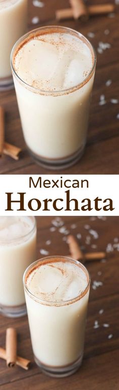 two glasses filled with mexican horchata on top of a wooden table