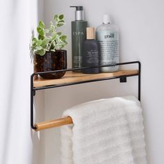 a bathroom shelf with soap, lotion and other items on it next to a potted plant