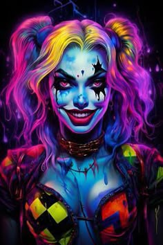 a painting of a woman with clown makeup on her face and colorful hair, in front of a black background