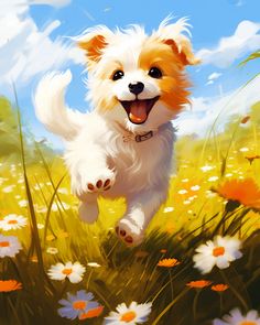 a painting of a dog running through a field full of daisies